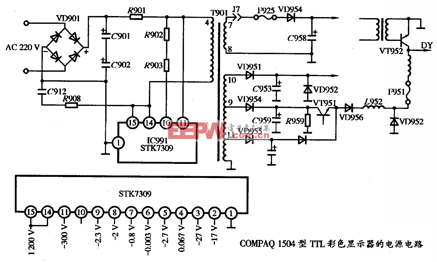 COMPAQ 1504型TTL彩色显示器的电源电路图