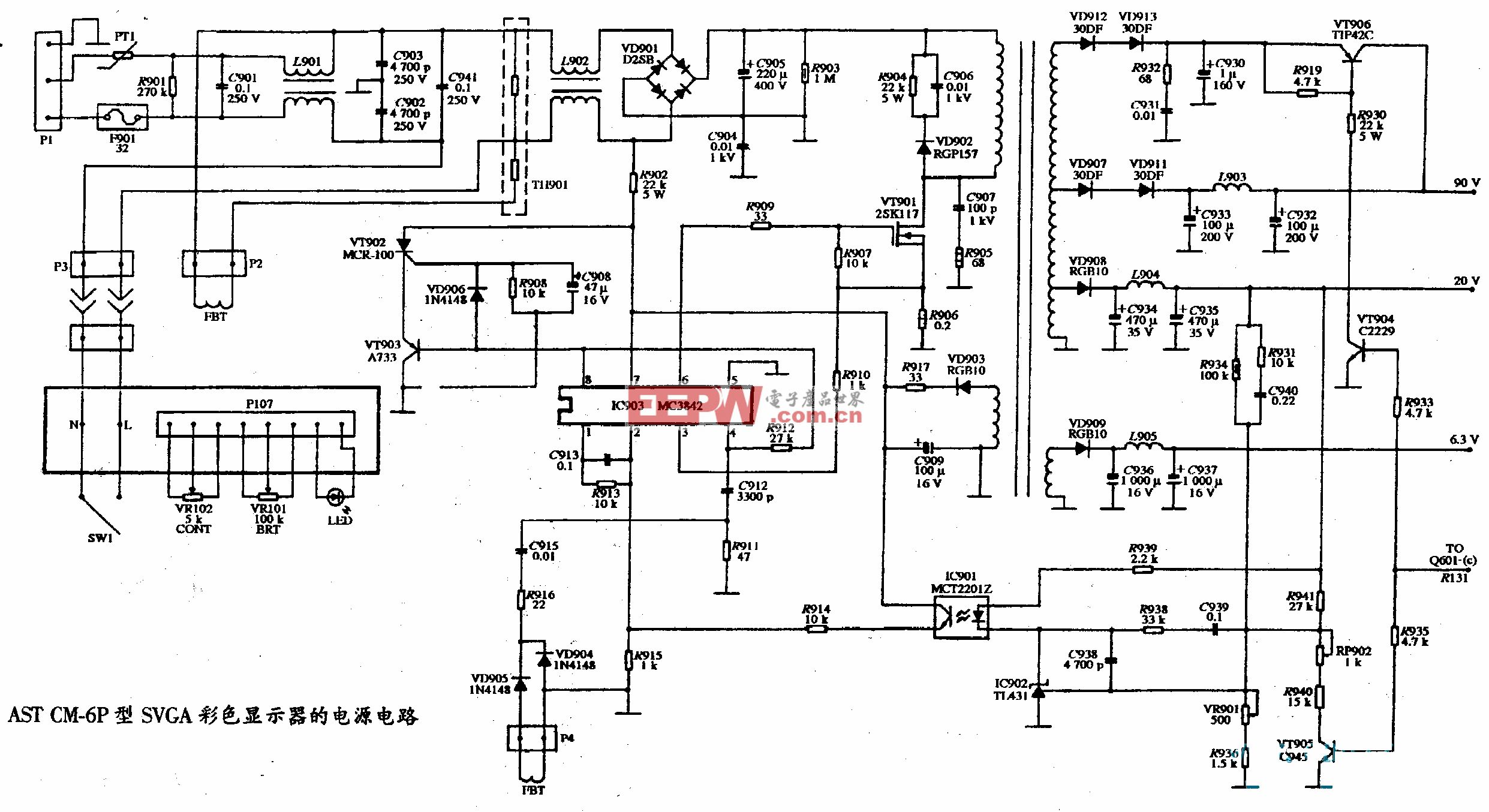 AST CM-6P型SVGA彩色显示器的电源电路图