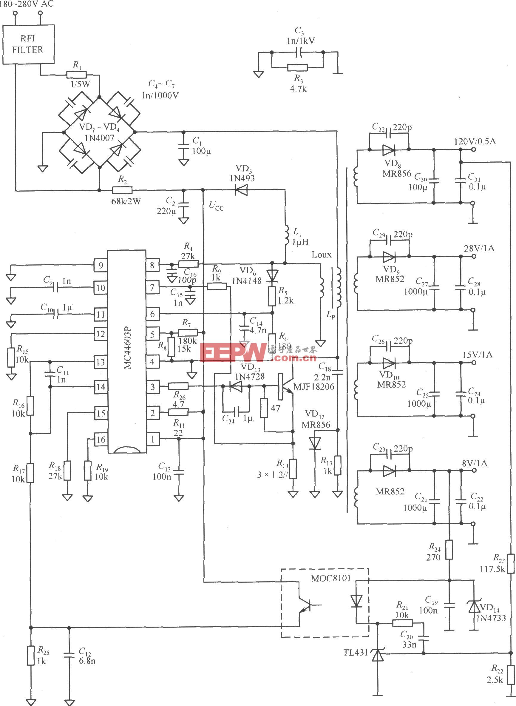 由MC44603P构成的四输出电源电路