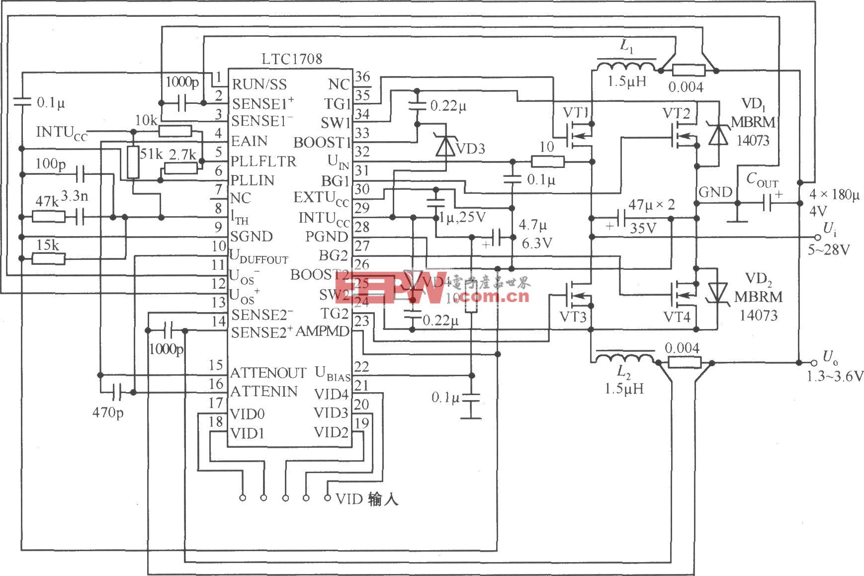 5V输入，1.3～3.5V／20A输出程控电源电路