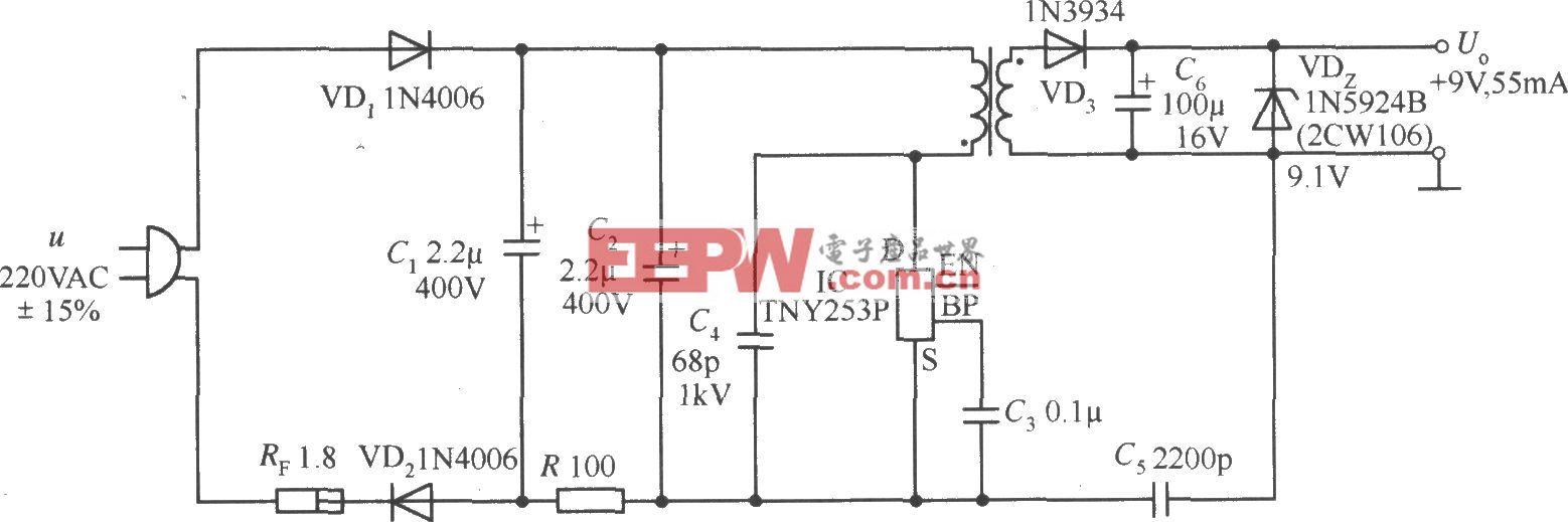 由TNY253P构成的9V、55mA AC／DC变换器电路