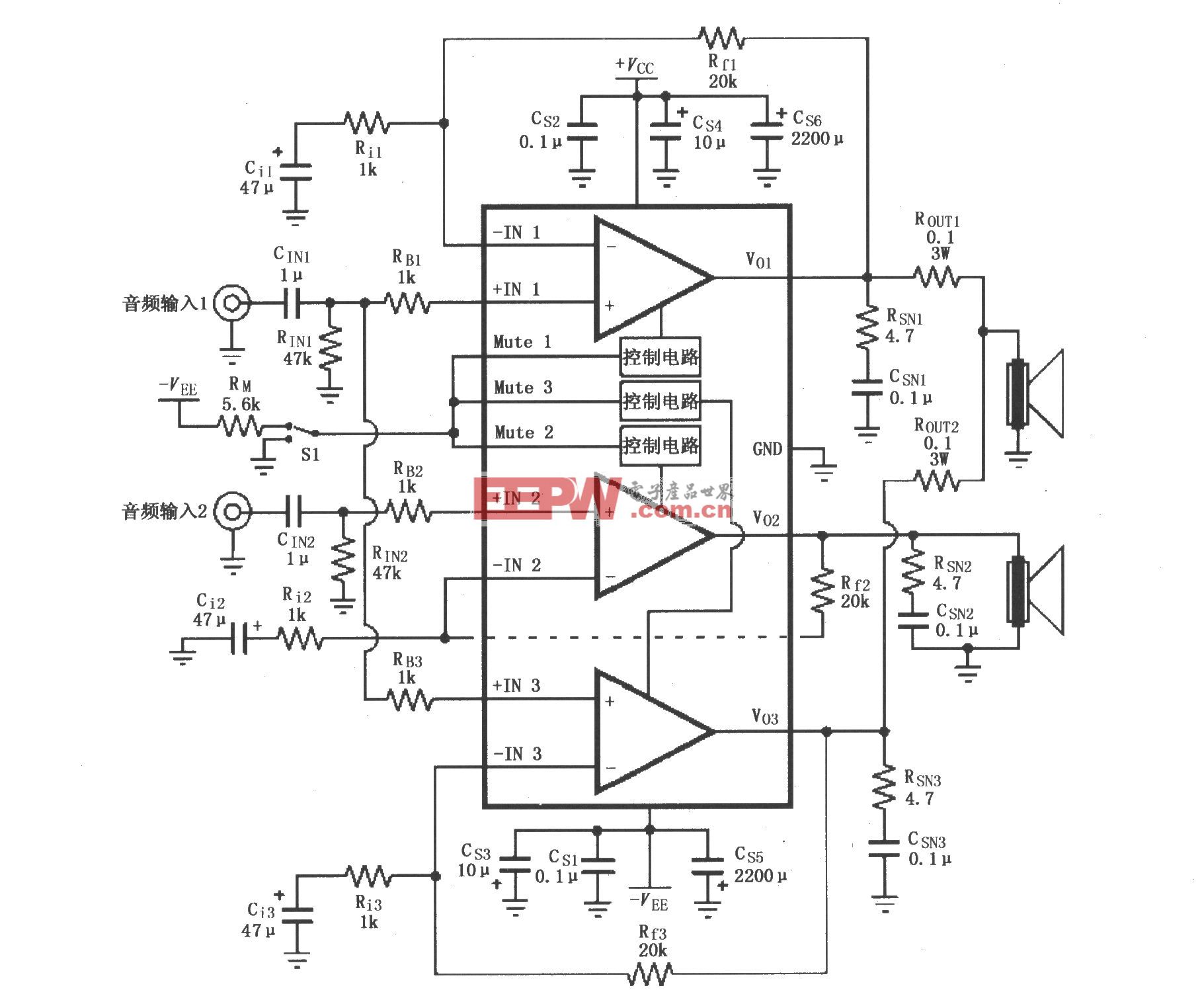 LM4780用于并联输出的音频功率放大电路