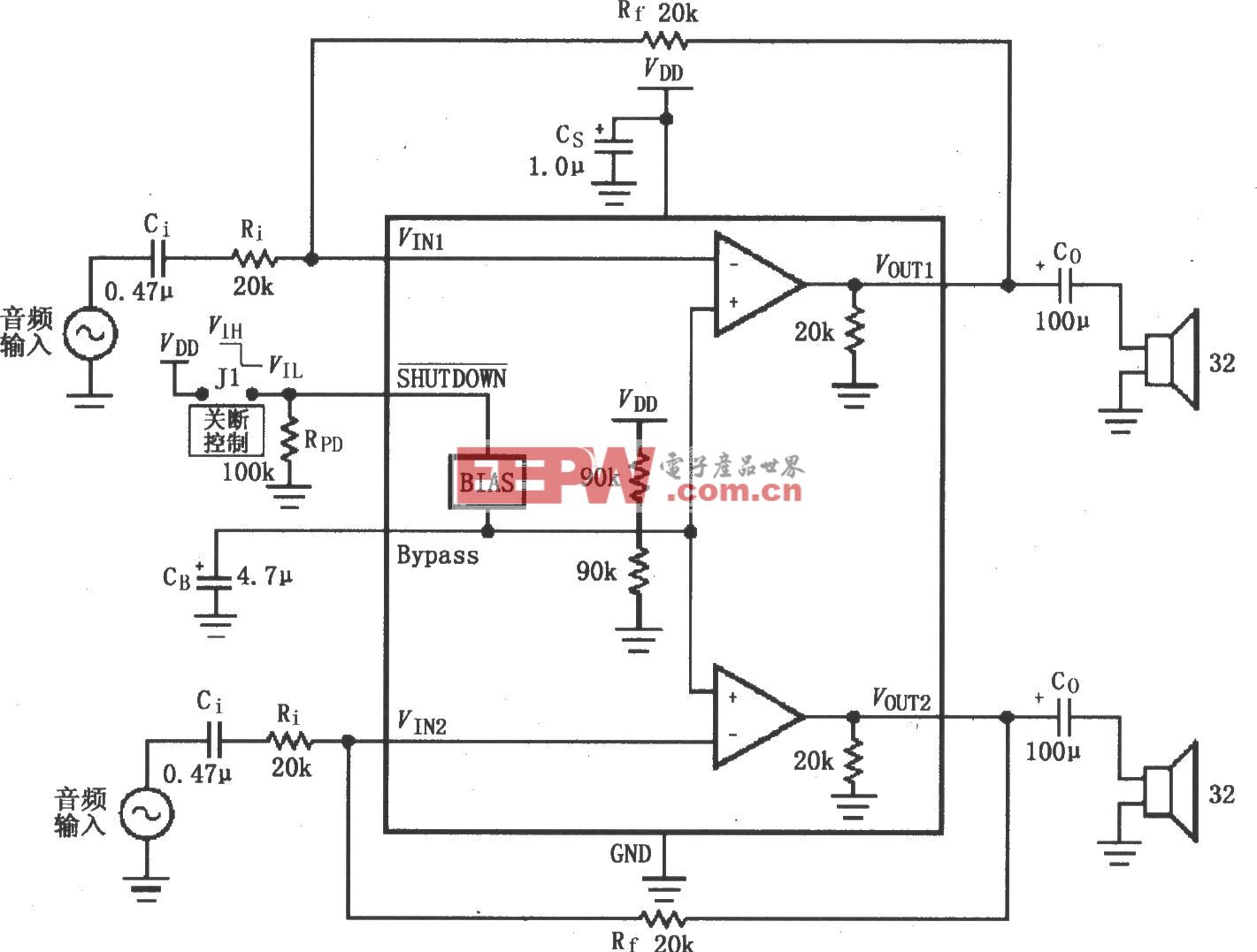 LM4809／4810用于双声道耳机放大器的典型电路