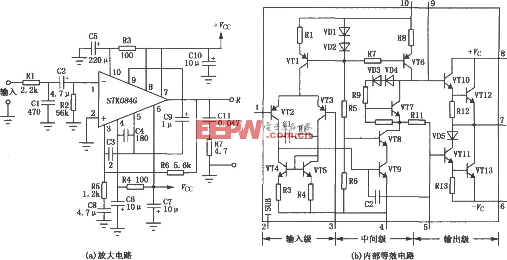 STK084G组成的50W厚膜功率放大电路