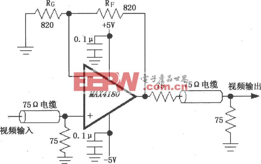 由MAX4180构成的视频线驱动放大器电路