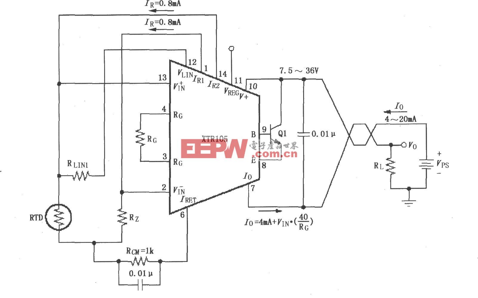具有线性化的两线RTD温度测量电路(XTR105)