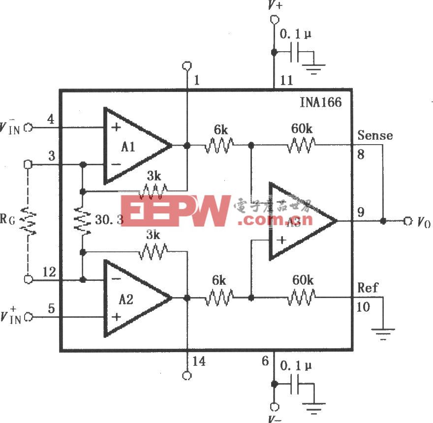 INA166的信号和电源的基本连接电路