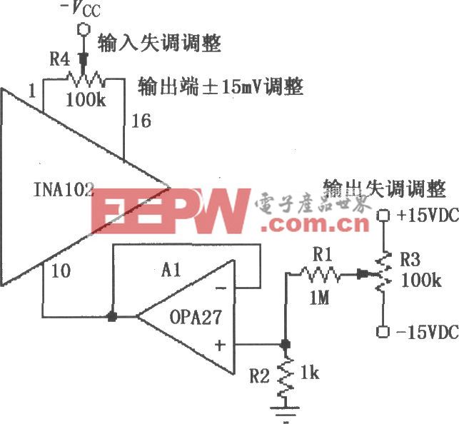 INA102微调输入和输出失调电压电路