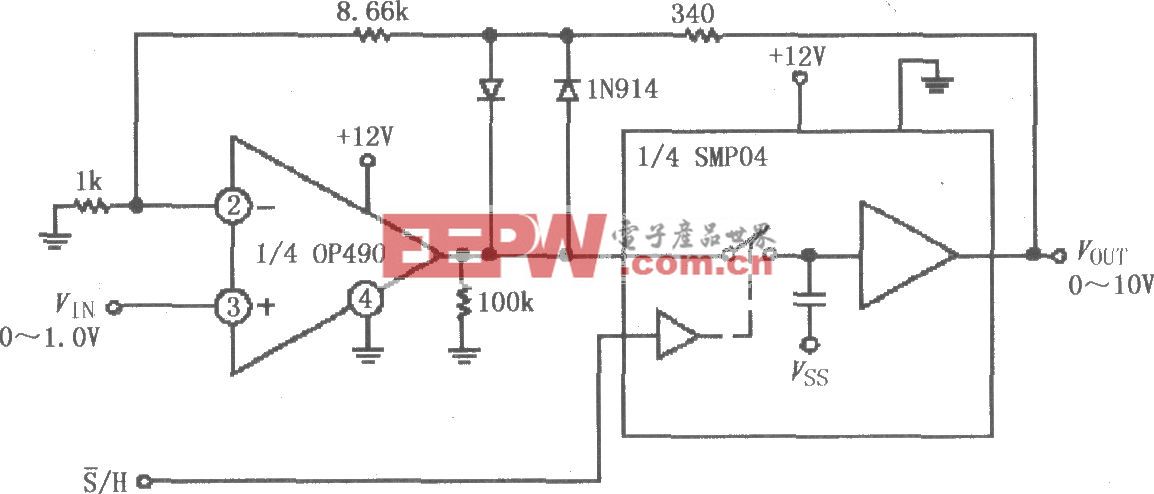 由SMP04与运放构成的增益为10的采样保持放大电路