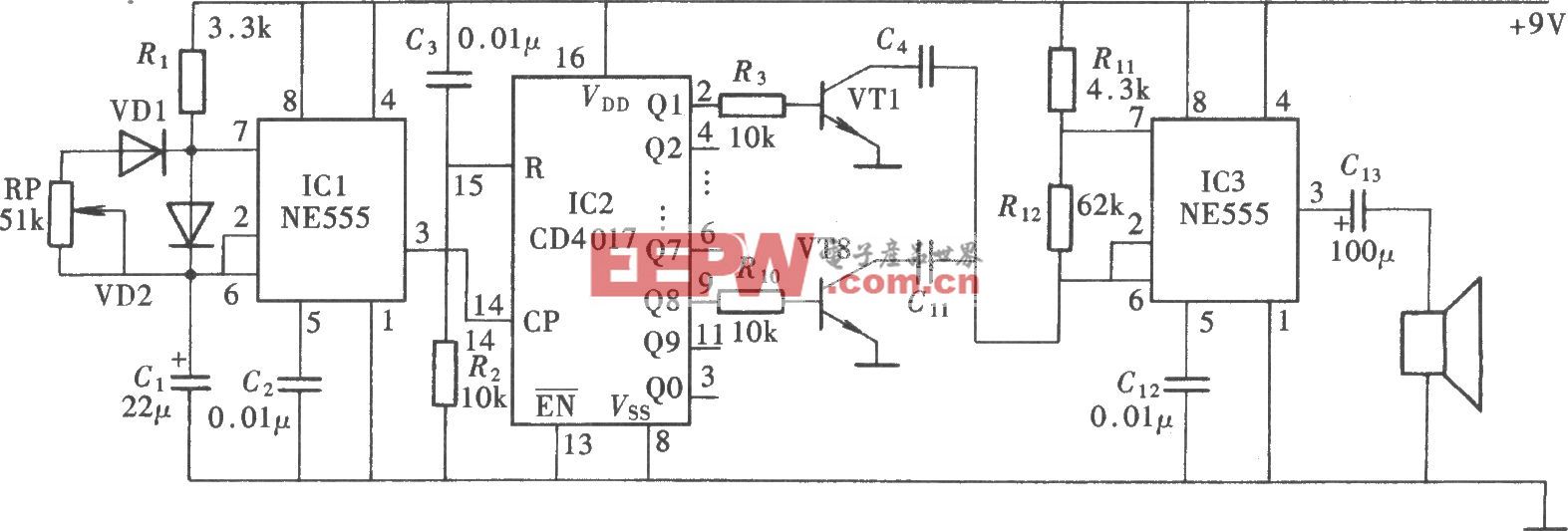 发声特殊的音频振荡器电路(NE555、CD4017)