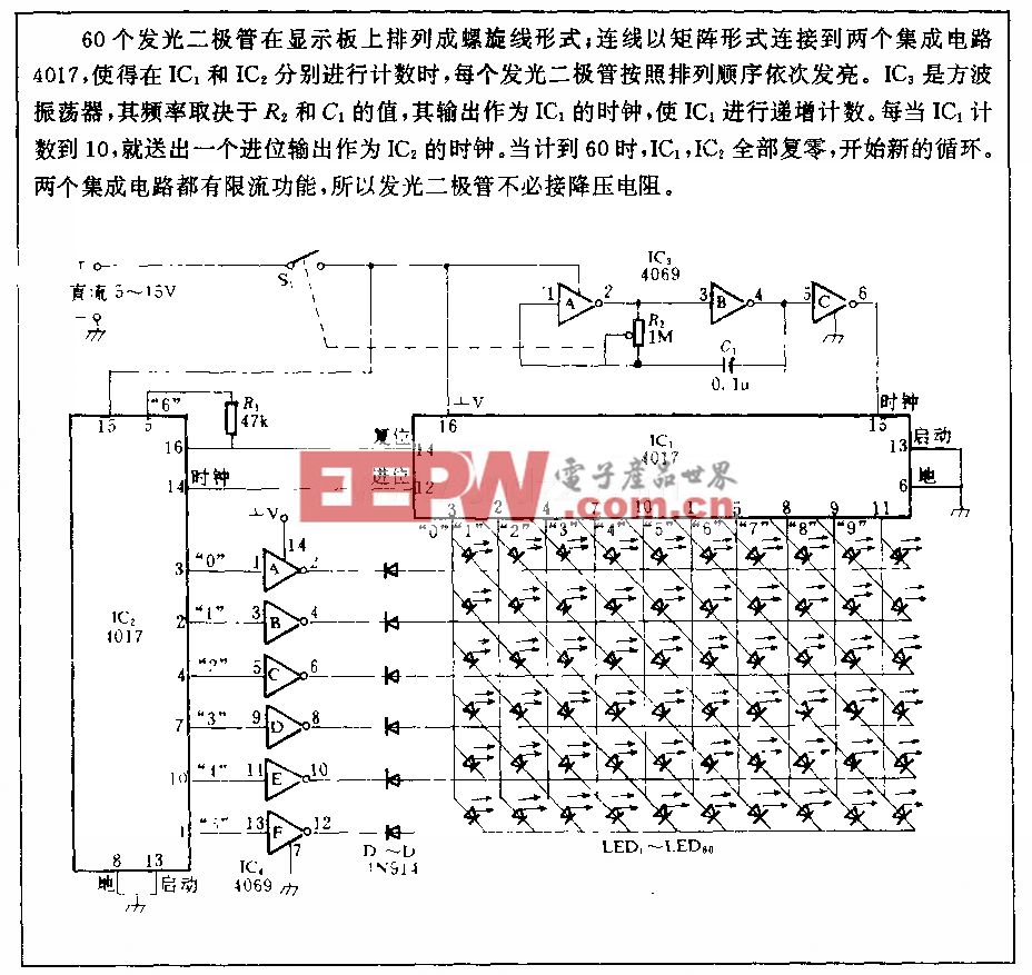 60个发光二极管组成的催限螺旋电路