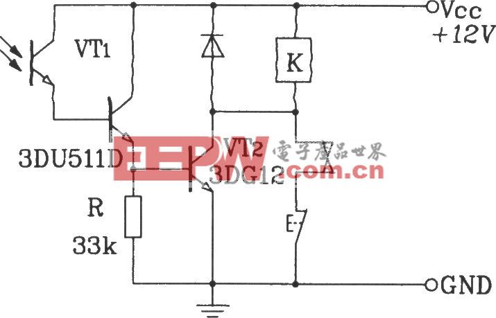 达林顿型光敏三极管构成带自锁功能的光电控制继电器电路图