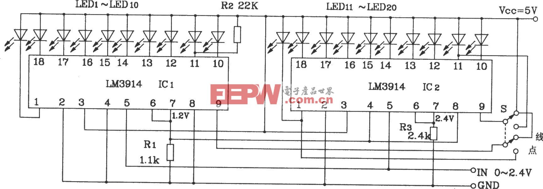 两块LM3914构成的20位LED点/线转换显示电路