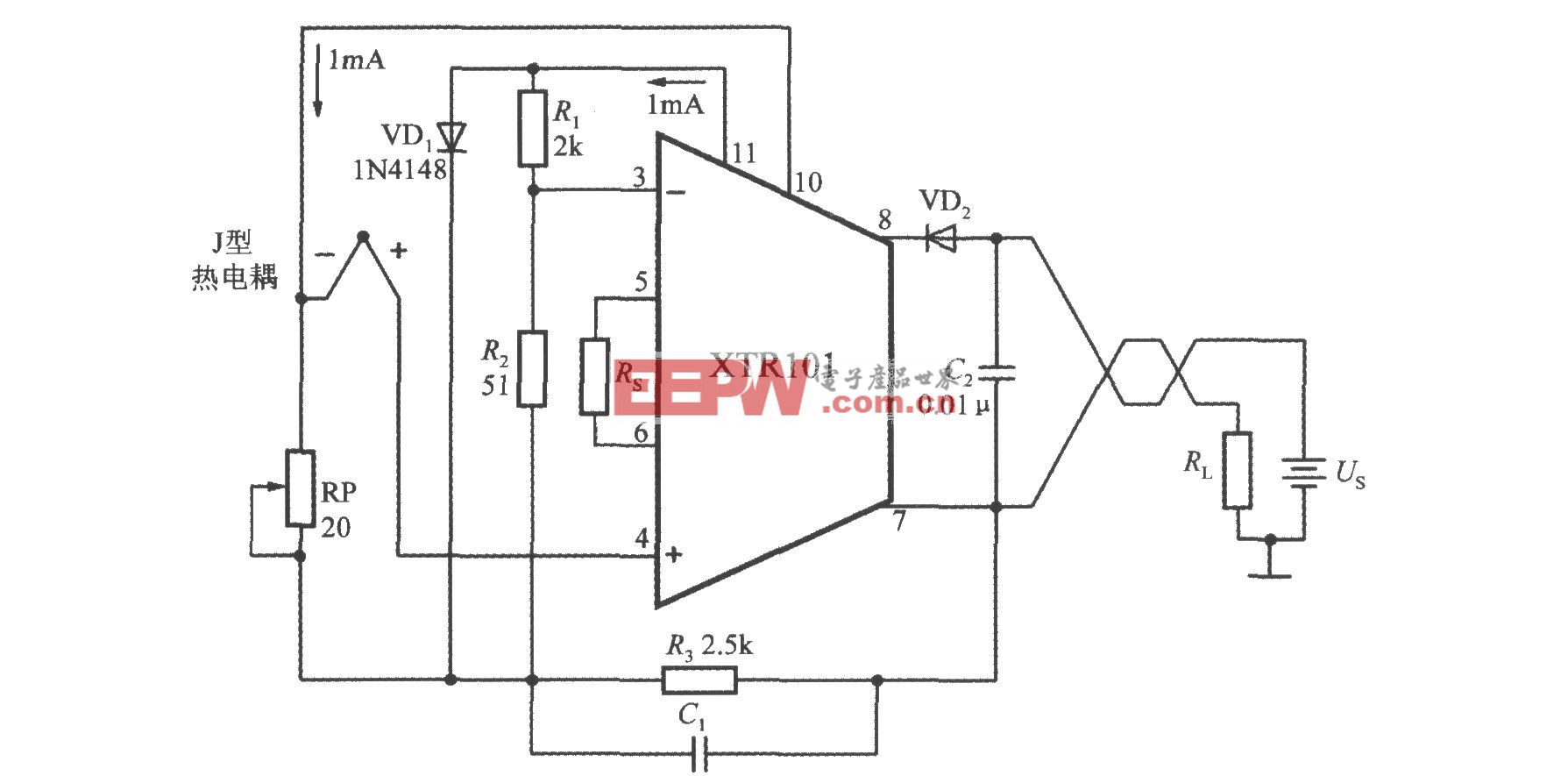 由精密电流变送器XTR101构成带冷端温度补偿功能的J型热电偶输入电路