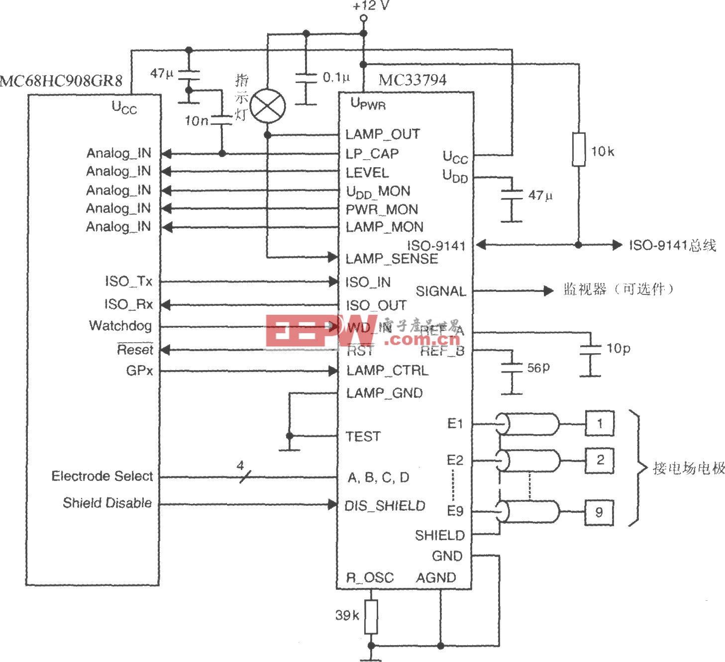 电场感应器件MC33794与微控制器的接线图