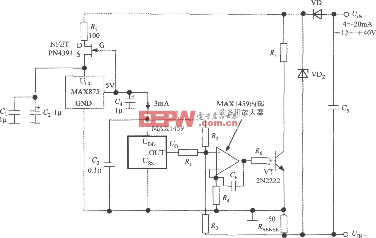 由数字式压力信号调理器MAX1459构成的4～20mA电流变送器的电路