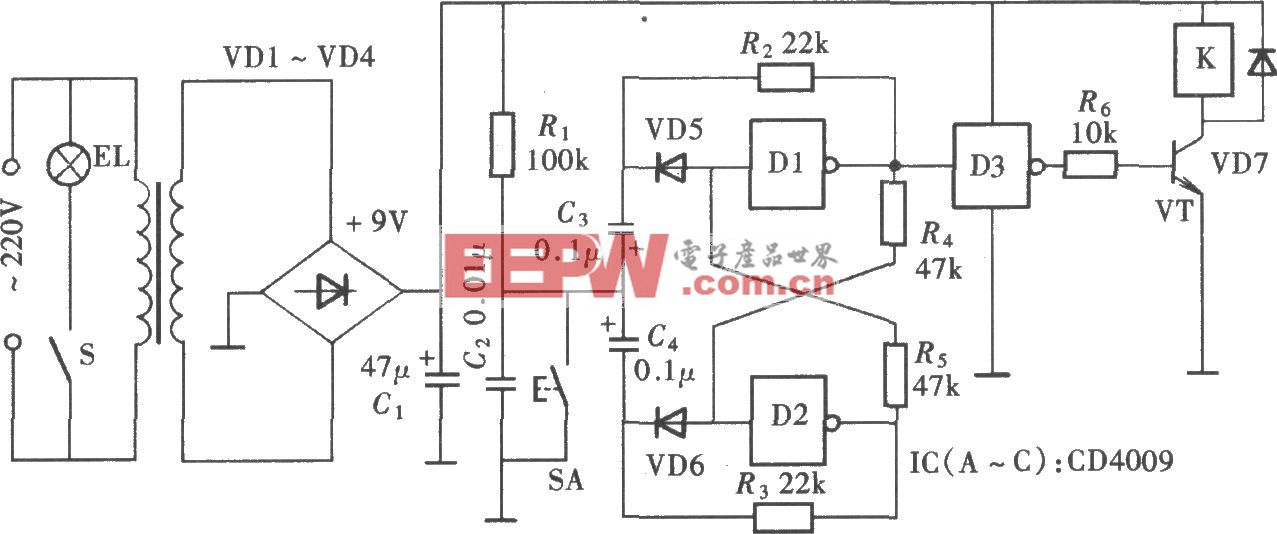由CD4009组成的碰触式电灯开关