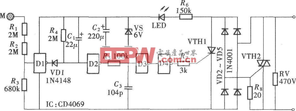 由CD4069组成的触摸式卫生间排气扇延时开关