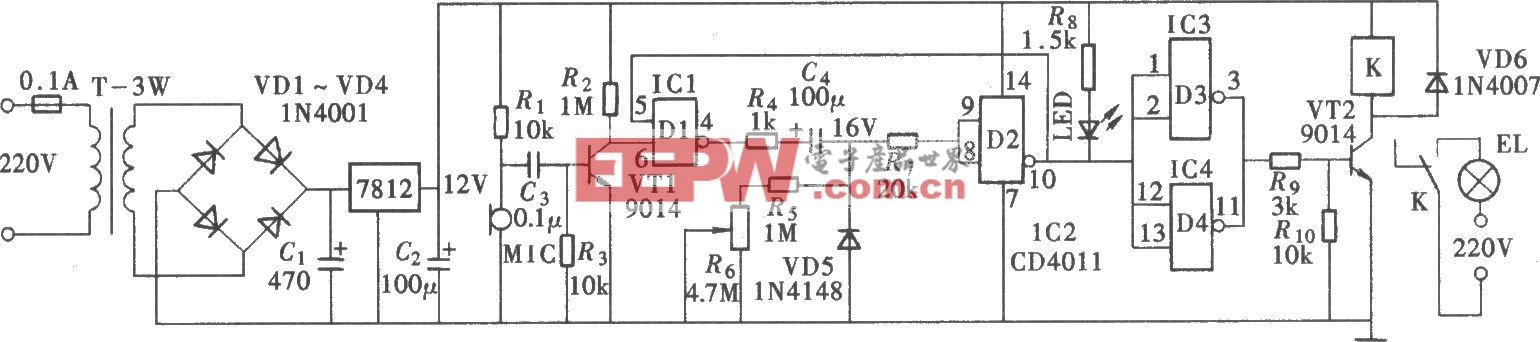 由CD4011构成的长延时声控照明灯开关电路