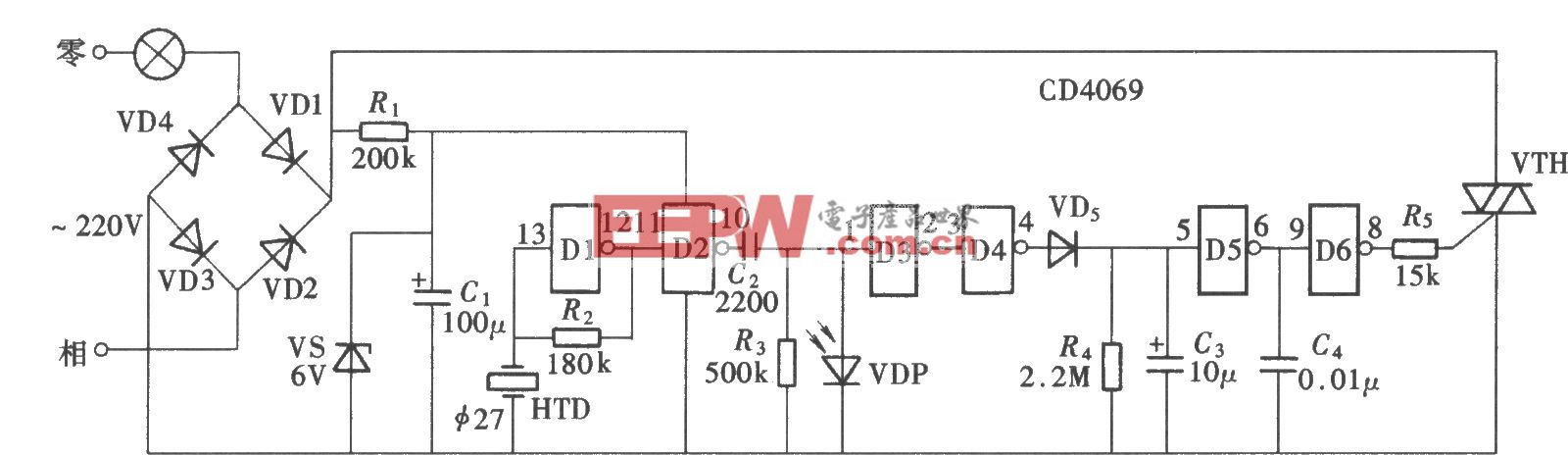 由CD4069组成的声控延时节电开关