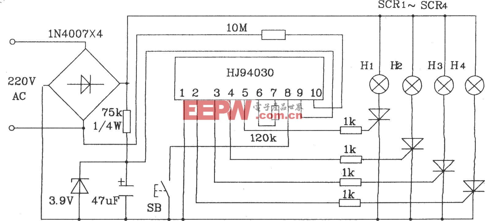 HJ94030多功能灯串控制集成电路典型应用电路