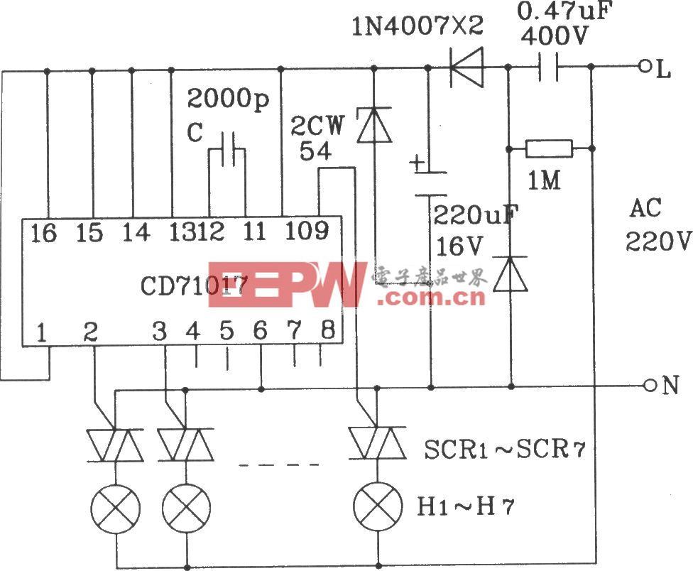 CD71017多功能程控闪光集成电路16脚封装驱动交流彩灯应用电路