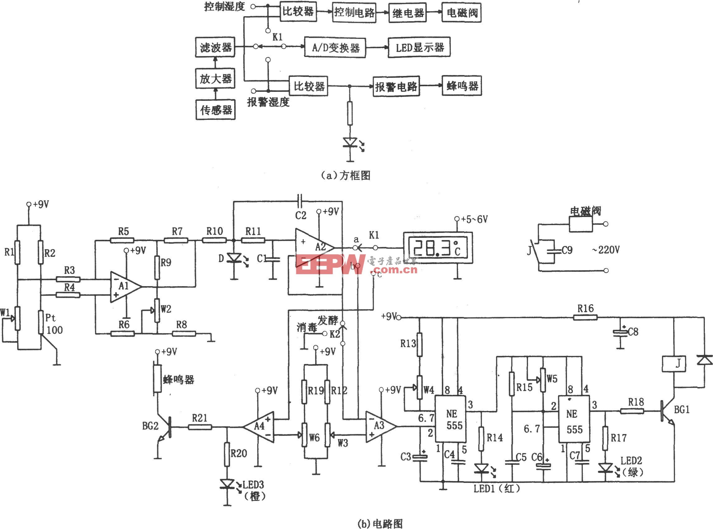 NE555构成的发酵罐温度测警和控制电路