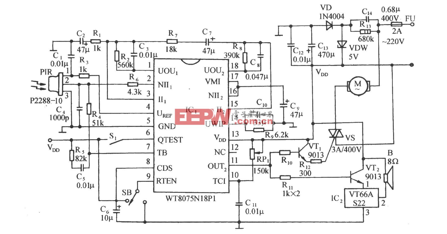 用WT8075红外传感集成电路的自动门控制电路
