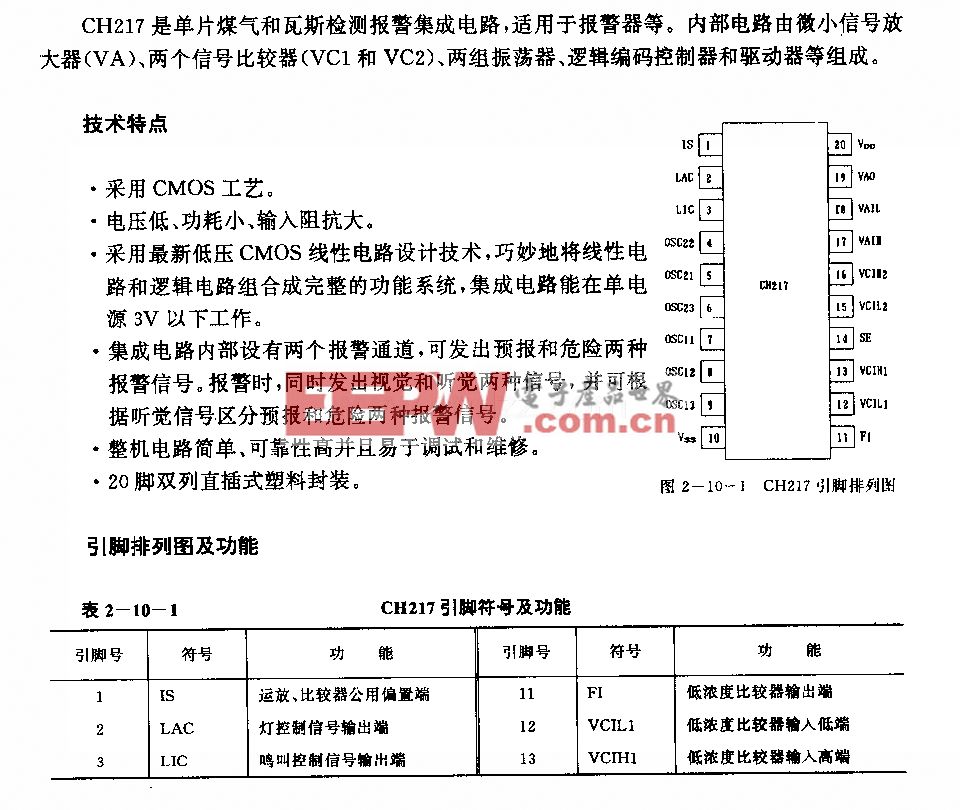 CH217 (报警器)单片煤气和瓦斯检测报警电路