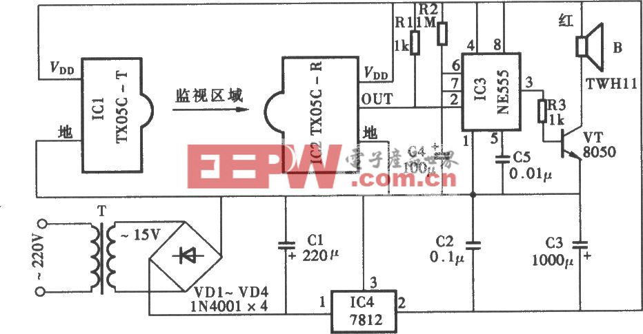 门窗红外监视防盗报警器电路