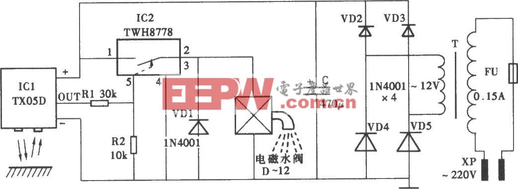 采用TX05D的红外线控制水龙头电路