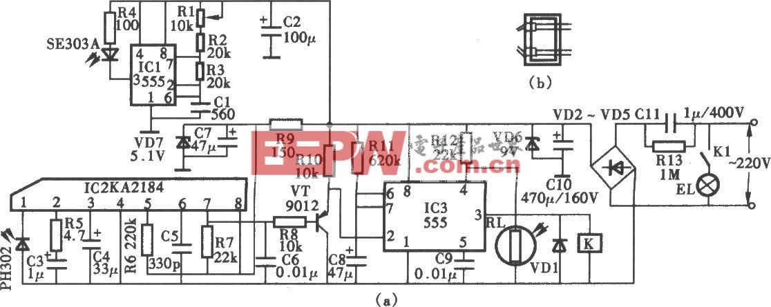 采用KA2184的红外线遥控照明灯电路