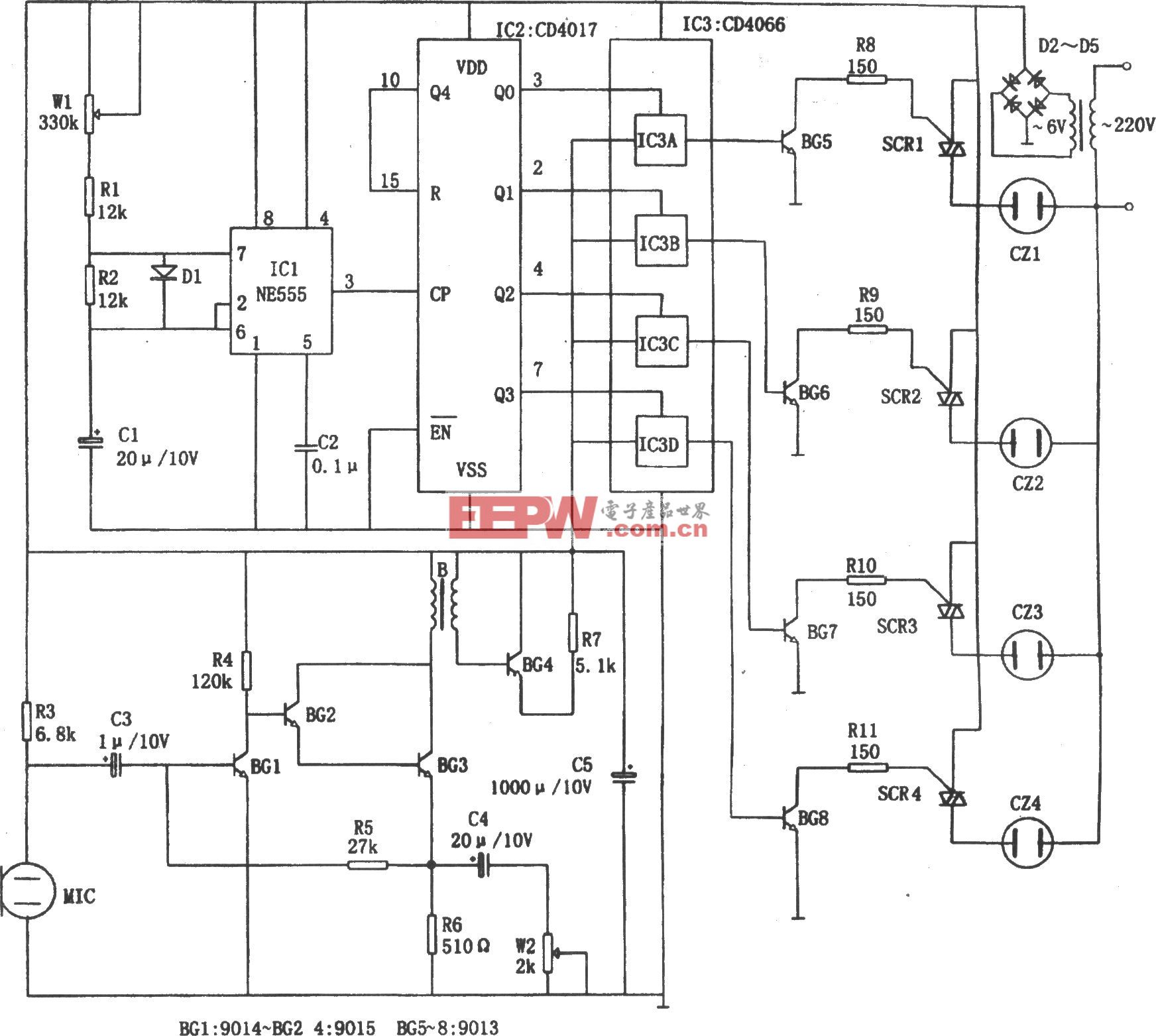 音乐彩灯控制器(NE555、CD4066、CD4017)