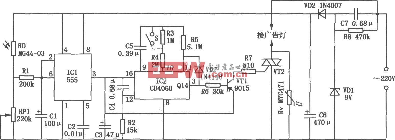 广告灯自动控制电路(555、CD4060)