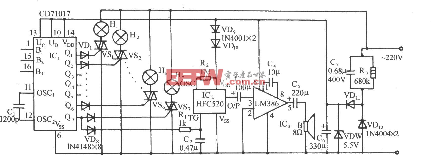 CD71017多功能程控彩灯伴海浪声控制电路