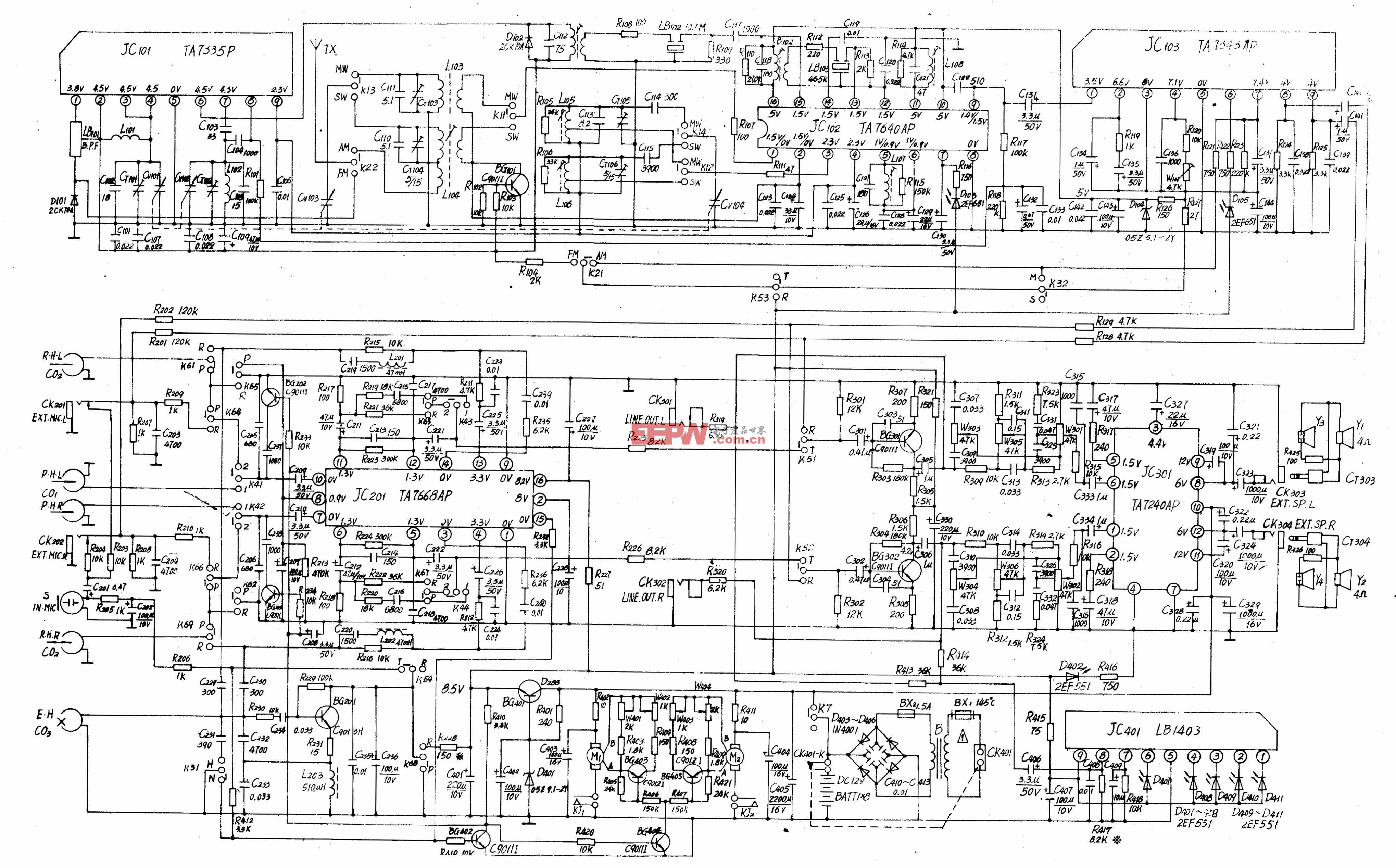 春风牌CF920型组合式双卡立体声收录机电路原理图