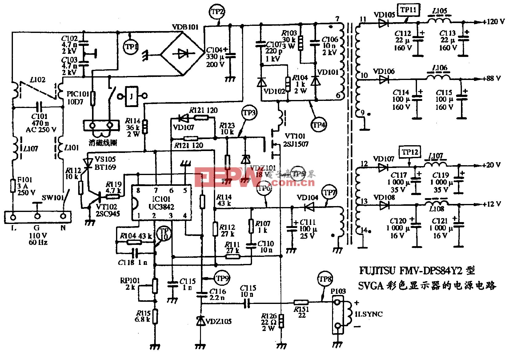 104、FUJITSU FMV-DPS84Y2型SGVA彩色显示器的电源电路图