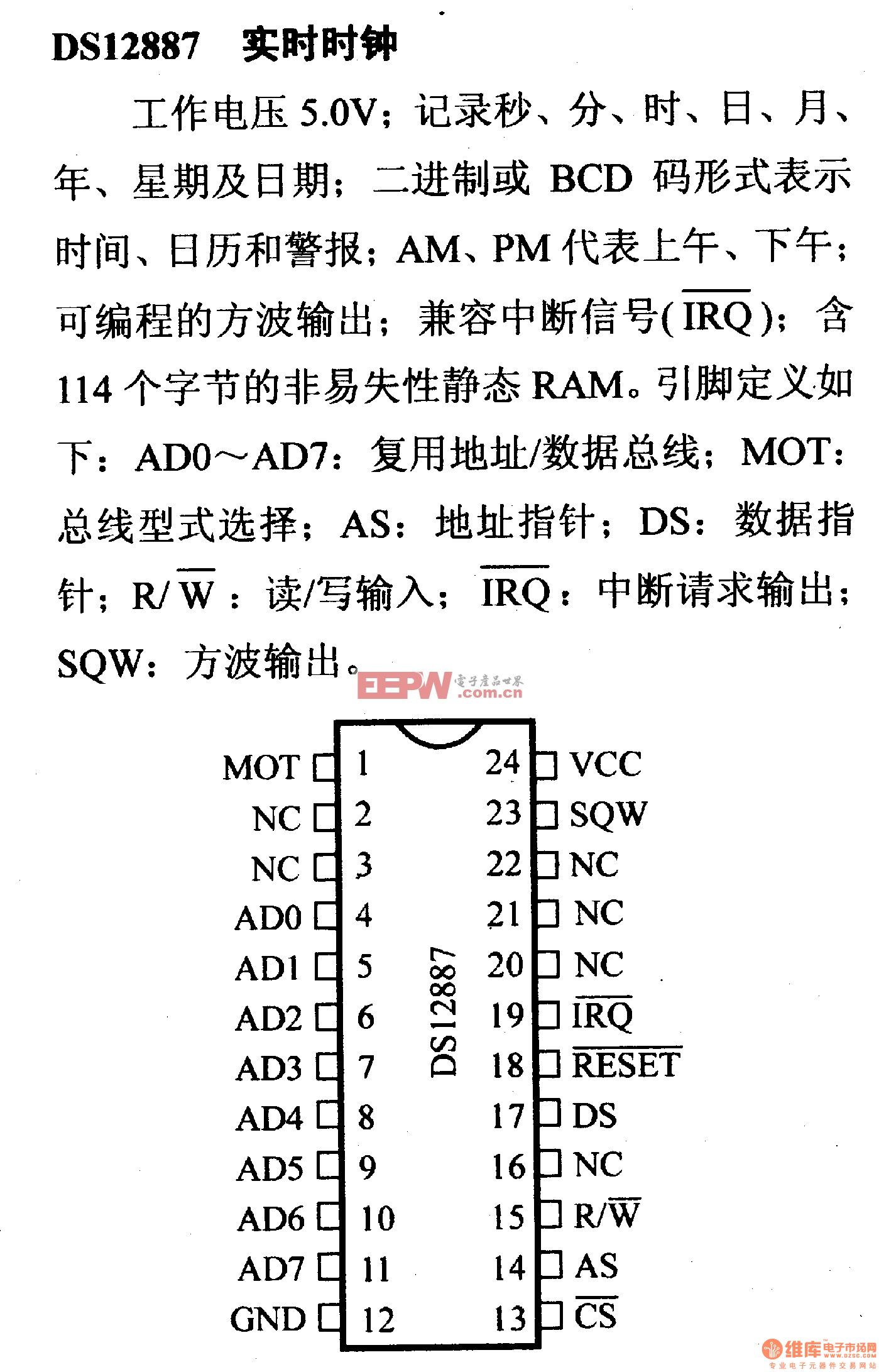 电路引脚及主要特性DS12887 实时时钟