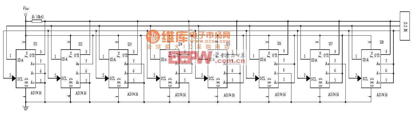 8个AD7416并联电路图