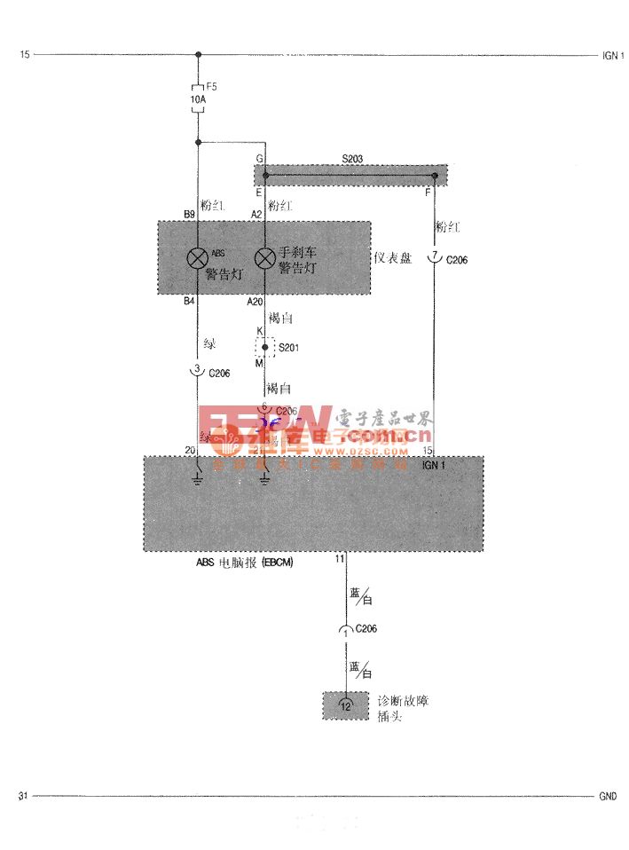 大宇故障诊断，警告灯(ABS，手刹车)电路图