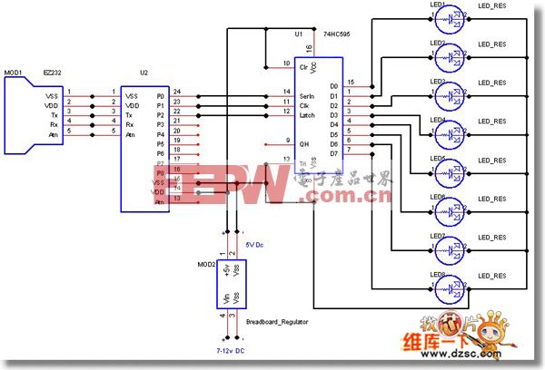 8个74HC595驱动的LED电路图