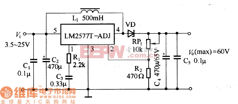 由LM2577构成的可调开关式稳压器电路图