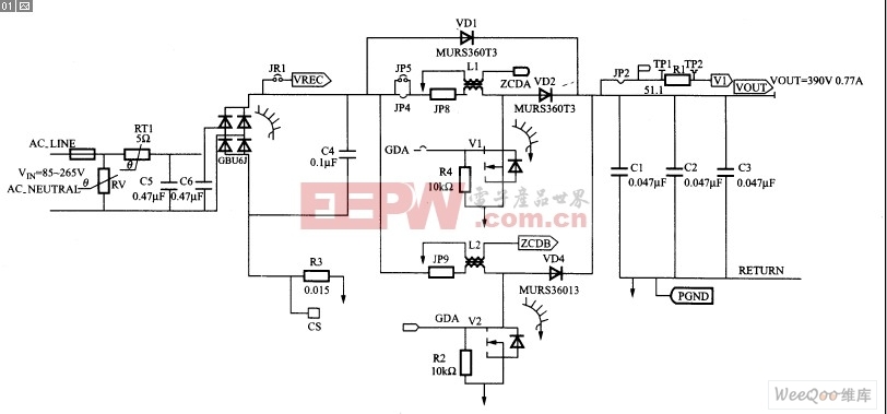 采用UCC28060控制的300W PFC样板电路的主电路