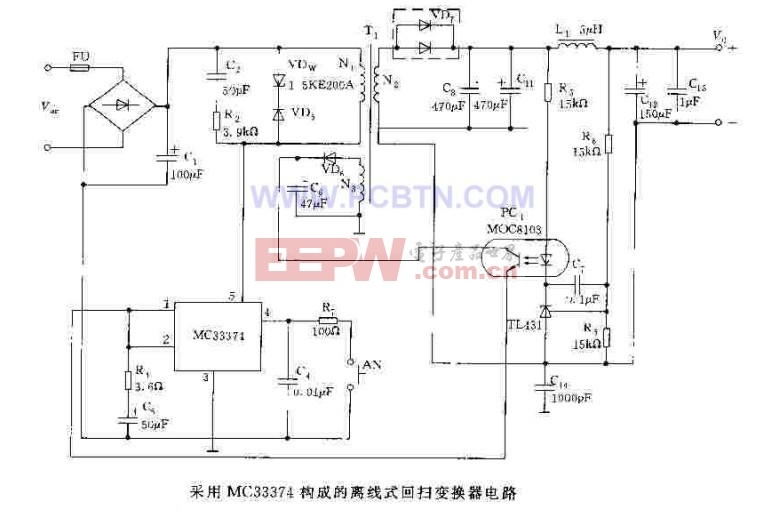 采用MC33374构成的离线式回扫变换器电路