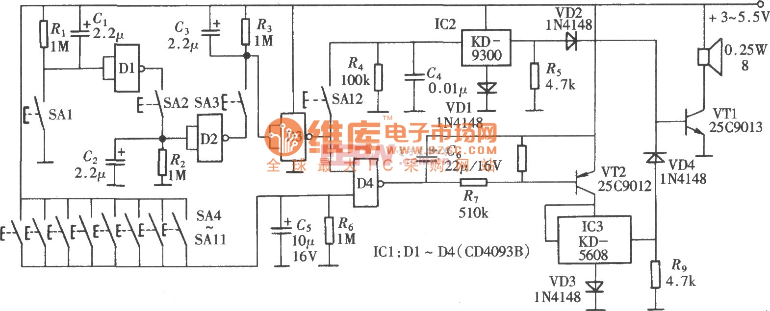 密码式电子门铃(CD4093B)电路图