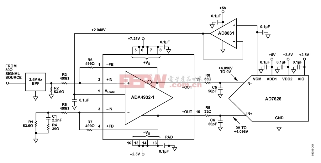 采用差分放大器成功驱动ADC D7626的电路图