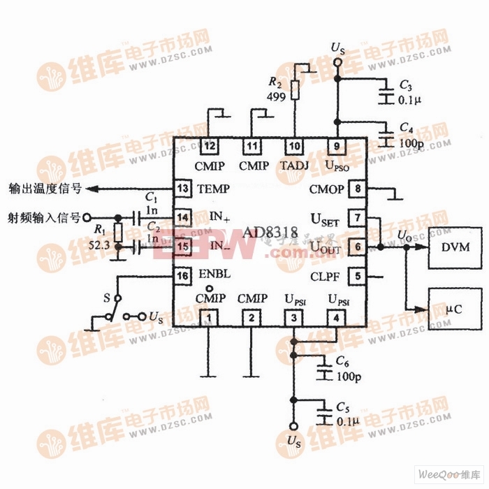 单片射频功率测量系统AD8318的典型应用电路图