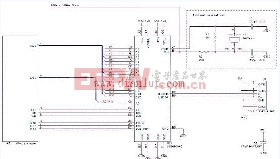 USBHC869设计的MCU总线USB主控制电路图