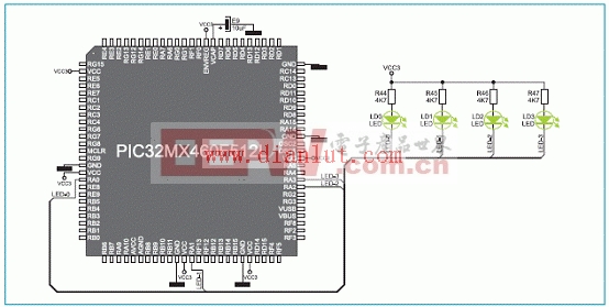 PIC32MX4多媒体板串行LED和MCU连接电路图