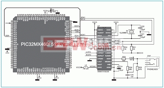PIC32MX4多媒体板WM8731SEDS电路和MCU连接电路图